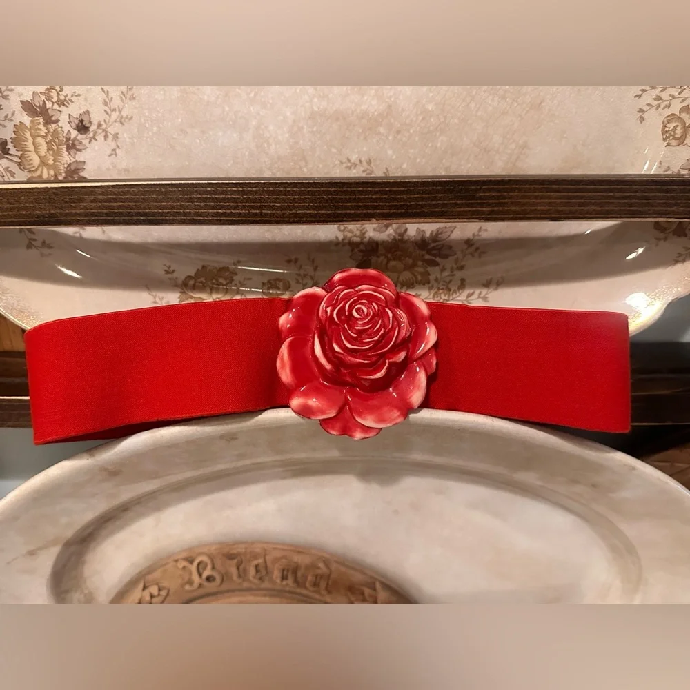 Vintage Red Floral Rose Stretchy Statement Belt